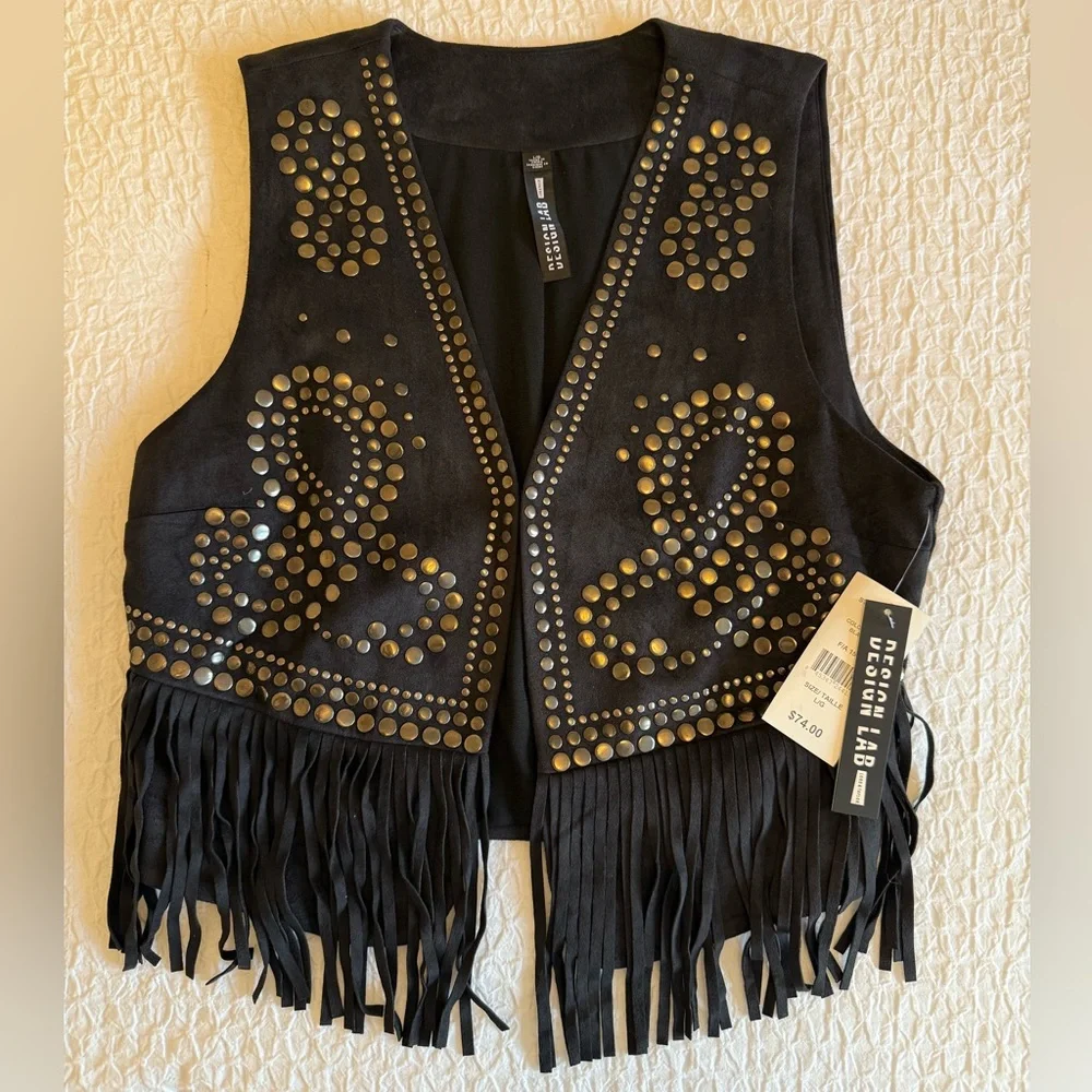Design Lab Black Faux Suede Studded Fringe Vest – Size L - Picture 3 of 11